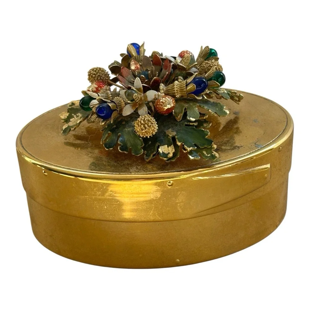 Vintage Gorham Gilt trinket box YC1141 enamel floral lid blue‎ velvet lined USA